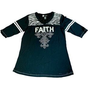 LA Kitty Burn Out Baseball FAITH Tee Size large black white silver bling cotton